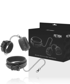 FETISH SUBMISSIVE - HALSKETTE UND HANDSCHELLEN AUS VEGANEM LEDER MIT NOPRENE-FUTTER