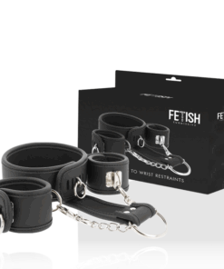 FETISH SUBMISSIVE - HALSKETTE UND HANDSCHELLEN AUS VEGANEM LEDER MIT NOPRENE-FUTTER