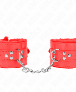 KINK - PELZGEFÜTTERTE HANDGELENKFESSELN MIT QUADRATISCHEN LÖCHERN, ROT UND ROTER GÜRTEL, VERSTELLBAR 17-29 CM X 6 CM