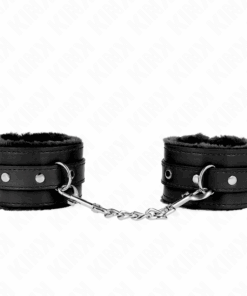 KINK - PREMIUM PELZGEFÜTTERTE HANDGELENKFESSELN SCHWARZ MIT SCHWARZEM GÜRTEL VERSTELLBAR 17-29 CM X 6 CM