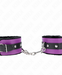 KINK - PREMIUM PELZGEFÜTTERTE HANDGELENKFESSELN SCHWARZ MIT LILA / SCHWARZER GÜRTEL VERSTELLBAR 17-29 CM X 6 CM