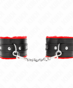 KINK - PREMIUM PELZGEFÜTTERTE HANDGELENKFESSELN ROT MIT SCHWARZEM GÜRTEL VERSTELLBAR 17-29 CM X 6 CM