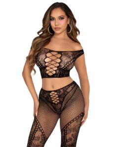 LEG AVENUE - CROP TOP UND NETZLEGGING MIT FREIEN SCHULTERN SCHWARZ